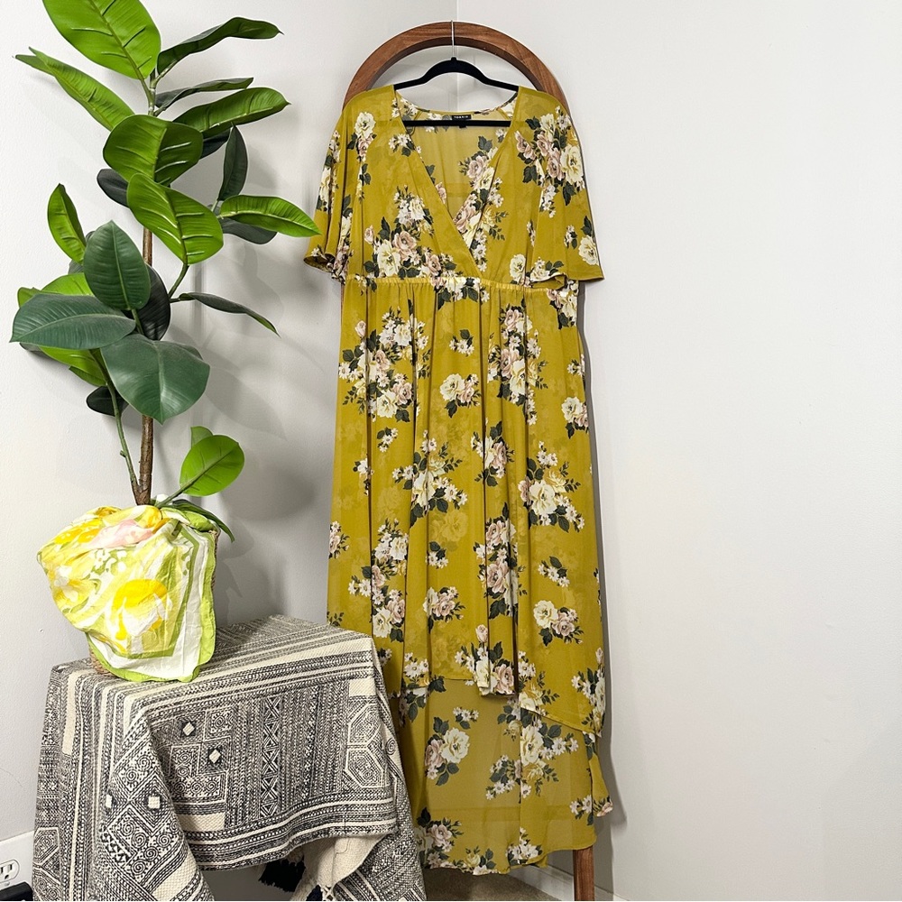 Torrid 2X Mustard Floral Chiffon Flutter Sleeve High Low Dress